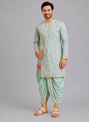 Mint green lotus printed cotton silk dhoti kurta set 1