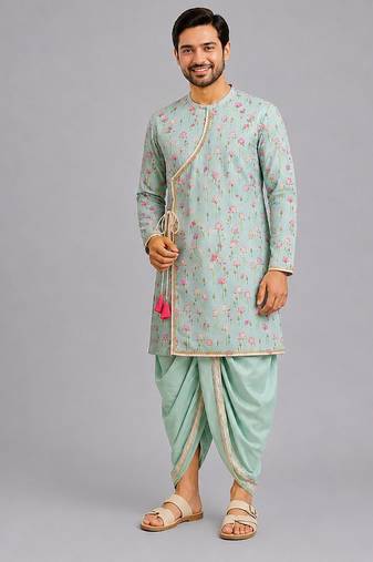 Mint green lotus printed cotton silk dhoti kurta set
