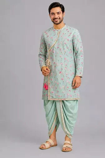 Mint green lotus printed cotton silk dhoti kurta set