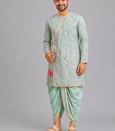 Mint green lotus printed cotton silk dhoti kurta set