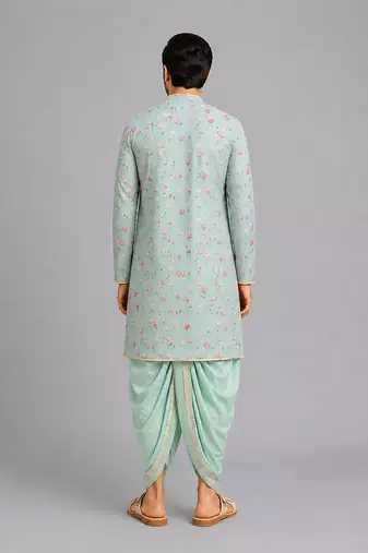 Mint green lotus printed cotton silk dhoti kurta set