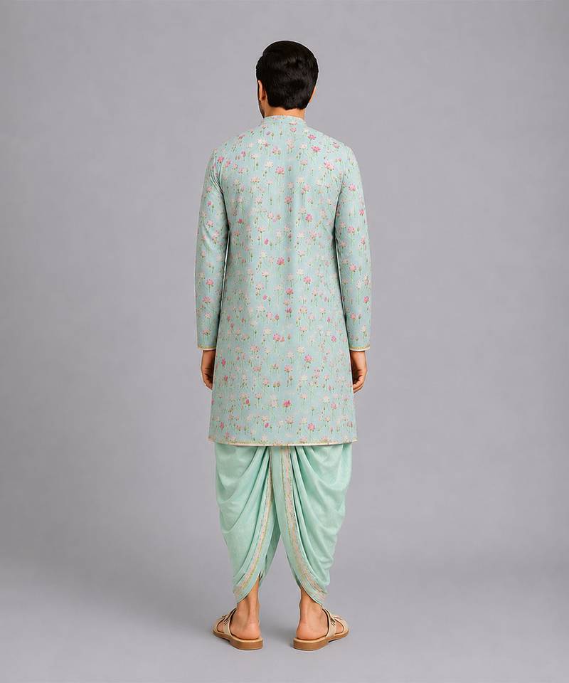 Mint green lotus printed cotton silk dhoti kurta set
