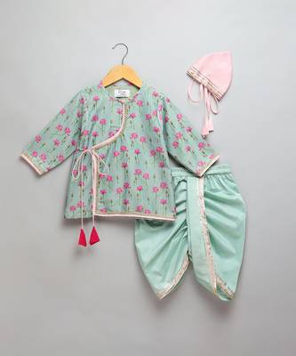 Mint green lotus printed cotton silk dhoti kurta set 3