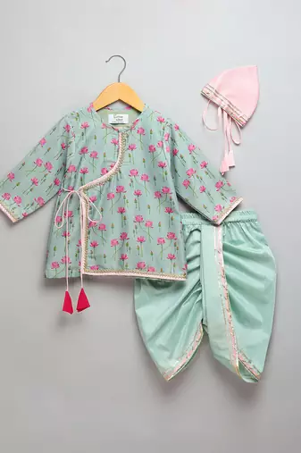 Mint green lotus printed cotton silk dhoti kurta set