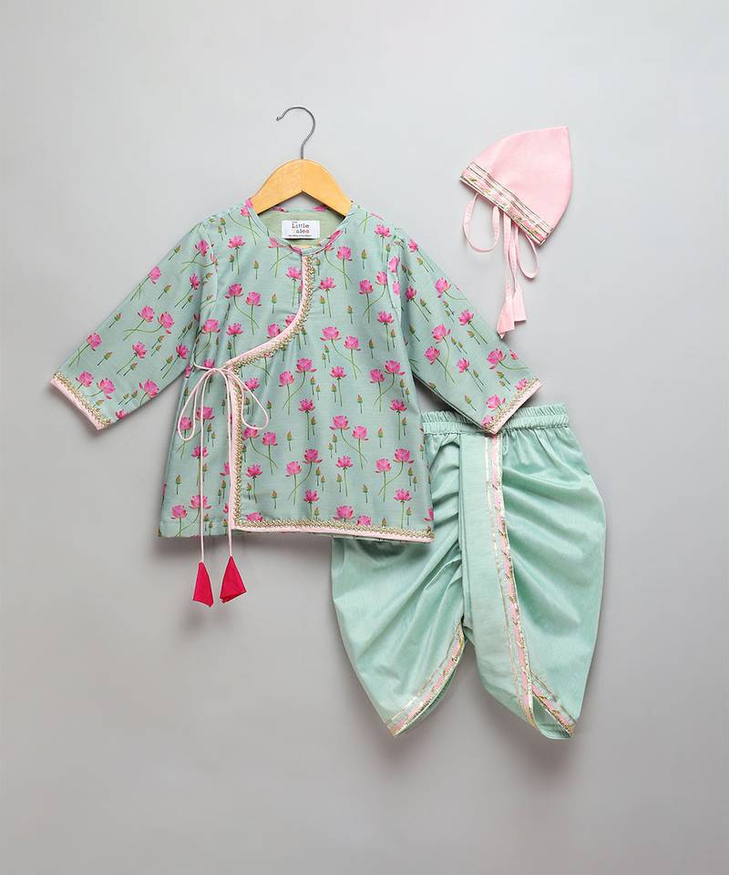 Mint green lotus printed cotton silk dhoti kurta set