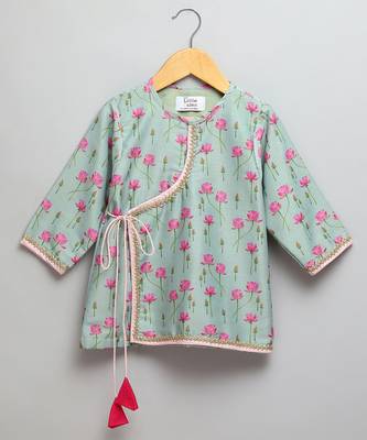 Mint green lotus printed cotton silk dhoti kurta set 5