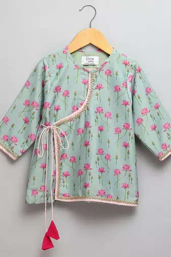 Mint green lotus printed cotton silk dhoti kurta set