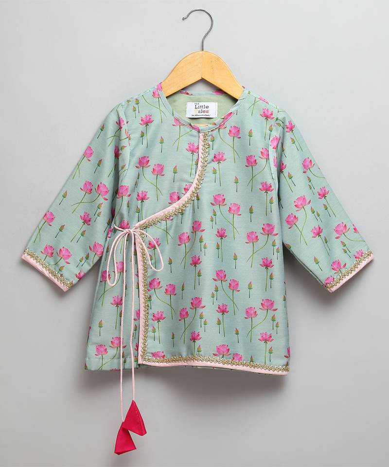 Mint green lotus printed cotton silk dhoti kurta set