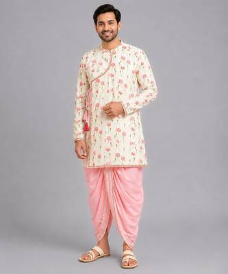 Off white printed cotton silk dhoti kurta set 1