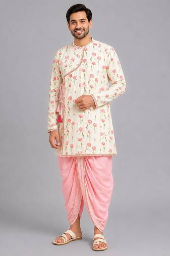 Off white printed cotton silk dhoti kurta set