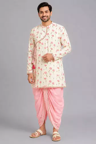 Off white printed cotton silk dhoti kurta set