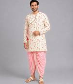 Off white printed cotton silk dhoti kurta set