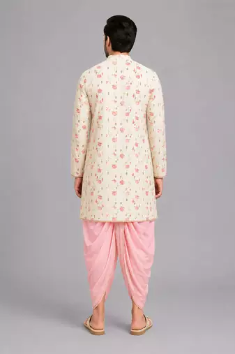 Off white printed cotton silk dhoti kurta set