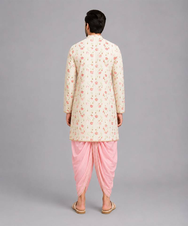 Off white printed cotton silk dhoti kurta set