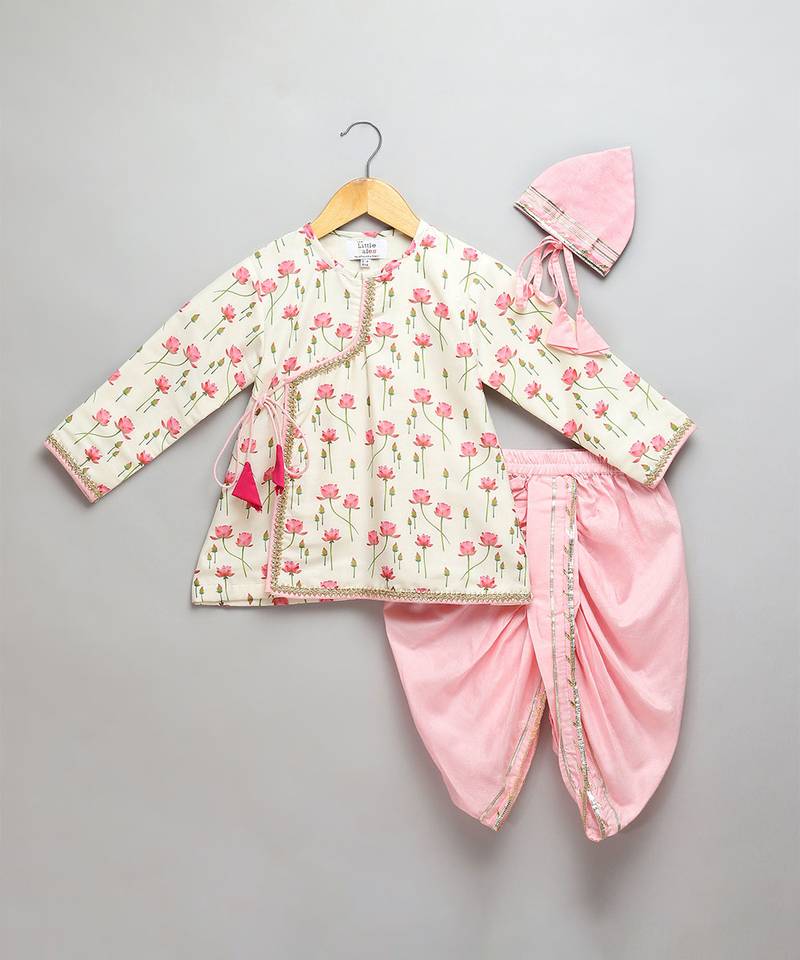 Off white printed cotton silk dhoti kurta set