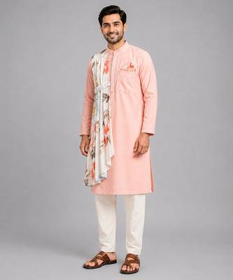 Peach printed cotton silk kurta set 1