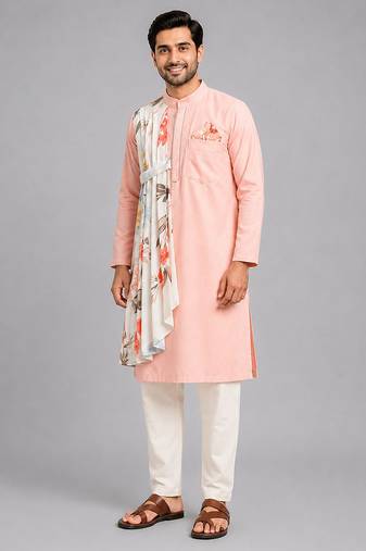 Peach printed cotton silk kurta set
