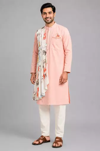 Peach printed cotton silk kurta set