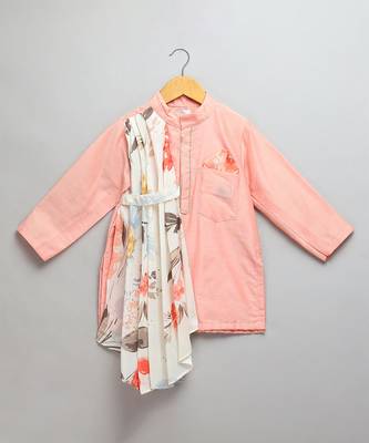 Peach printed cotton silk kurta set 2