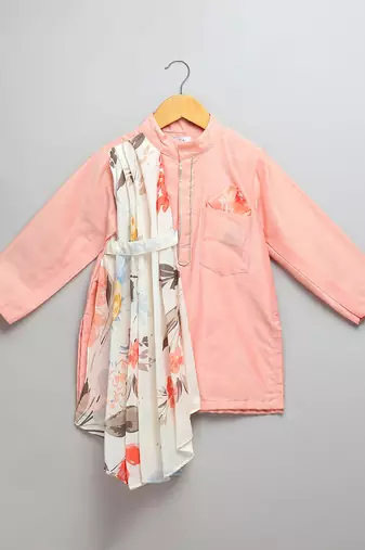 Peach printed cotton silk kurta set