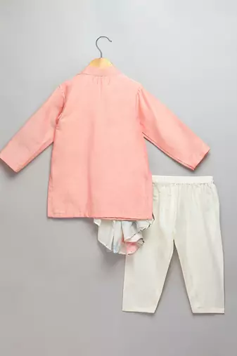 Peach printed cotton silk kurta set