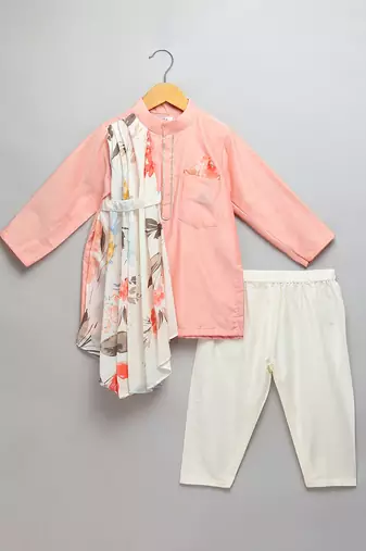 Peach printed cotton silk kurta set