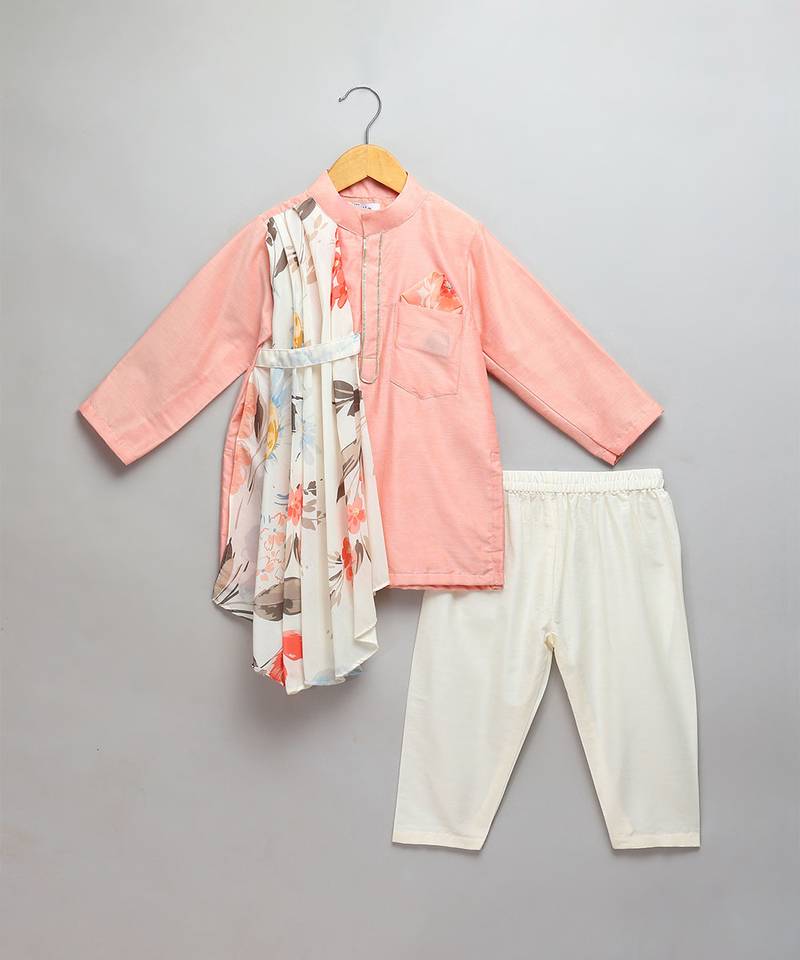 Peach printed cotton silk kurta set