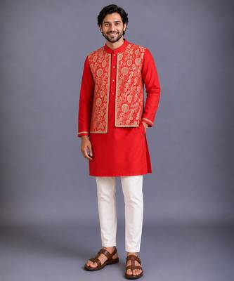 Red woven cotton silk kurta set 1