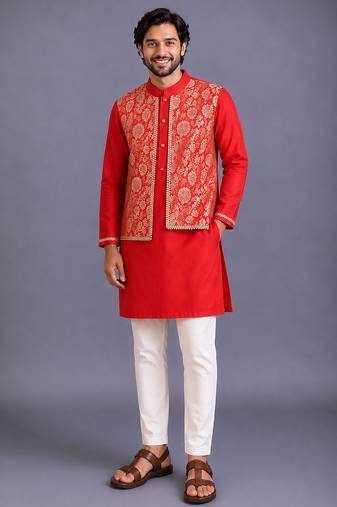 Red woven cotton silk kurta set