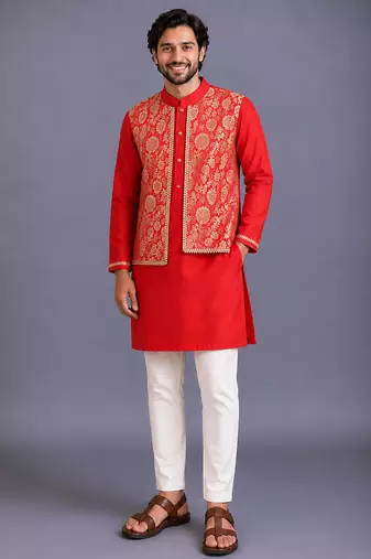Red woven cotton silk kurta set