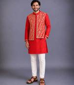 Red woven cotton silk kurta set