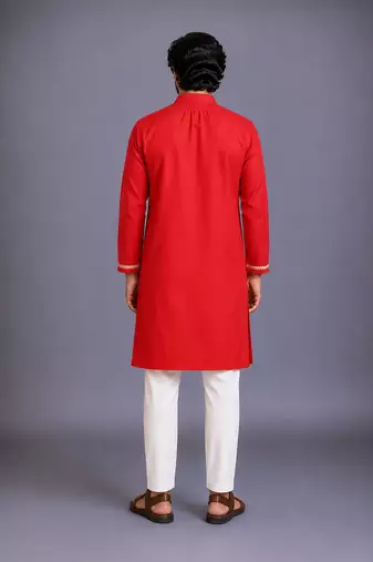 Red woven cotton silk kurta set