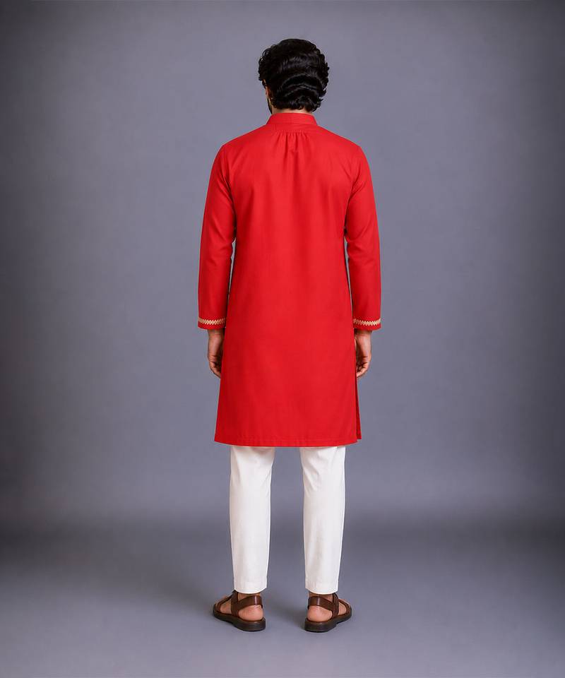 Red woven cotton silk kurta set
