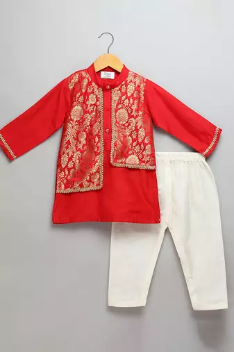 Red woven cotton silk kurta set