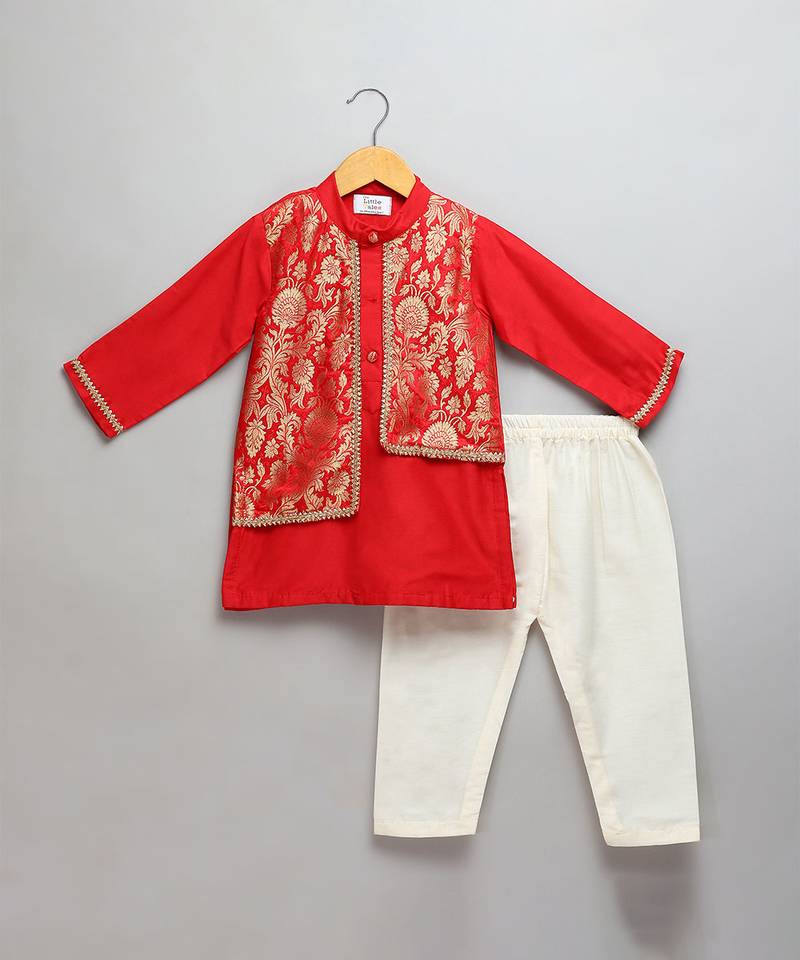 Red woven cotton silk kurta set