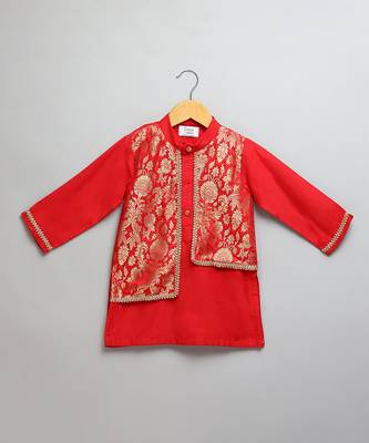 Red woven cotton silk kurta set 4