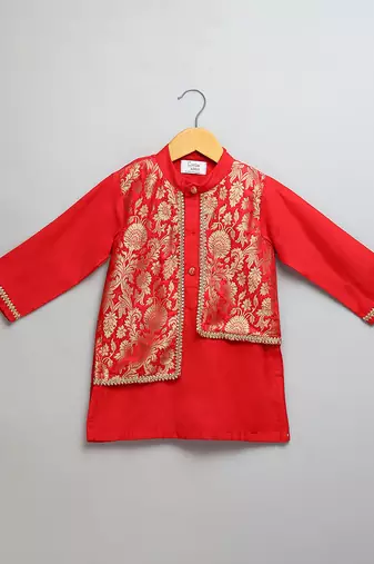Red woven cotton silk kurta set