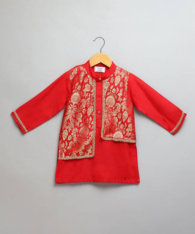 Red woven cotton silk kurta set