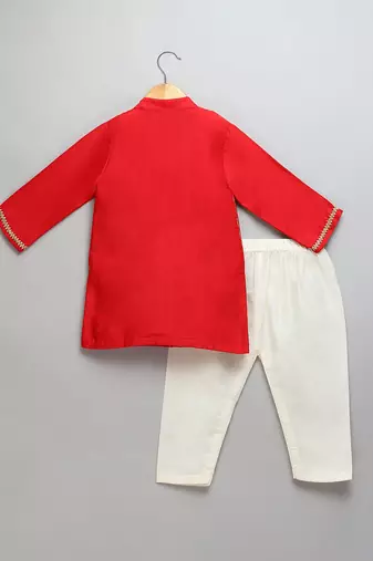 Red woven cotton silk kurta set