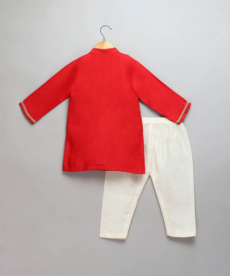 Red woven cotton silk kurta set