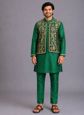 Green woven cotton silk kurta set 1