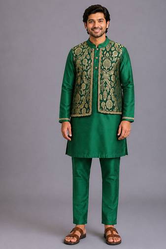 Green woven cotton silk kurta set