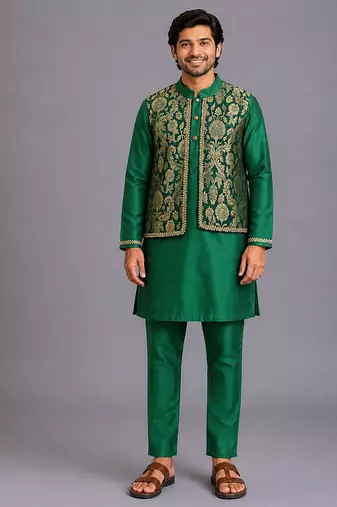 Green woven cotton silk kurta set