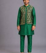 Green woven cotton silk kurta set