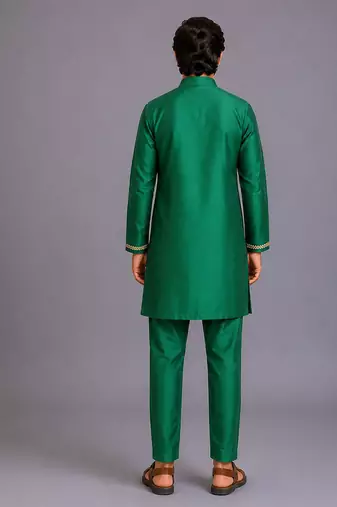 Green woven cotton silk kurta set