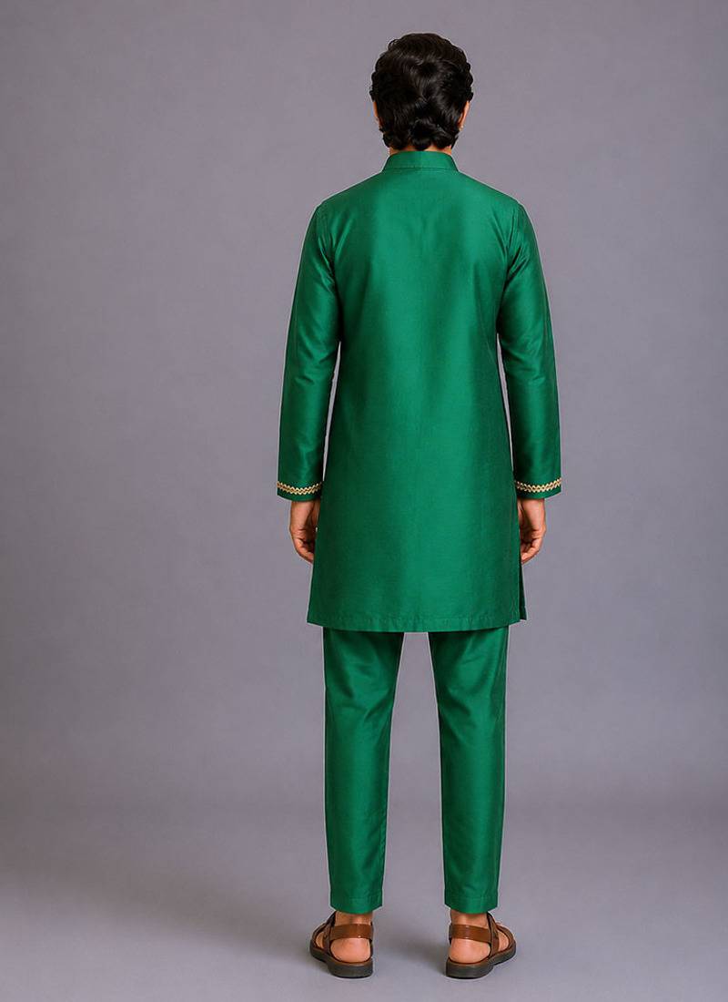 Green woven cotton silk kurta set