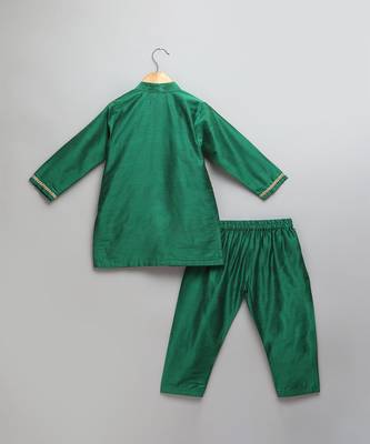 Green woven cotton silk kurta set 3