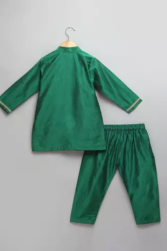 Green woven cotton silk kurta set