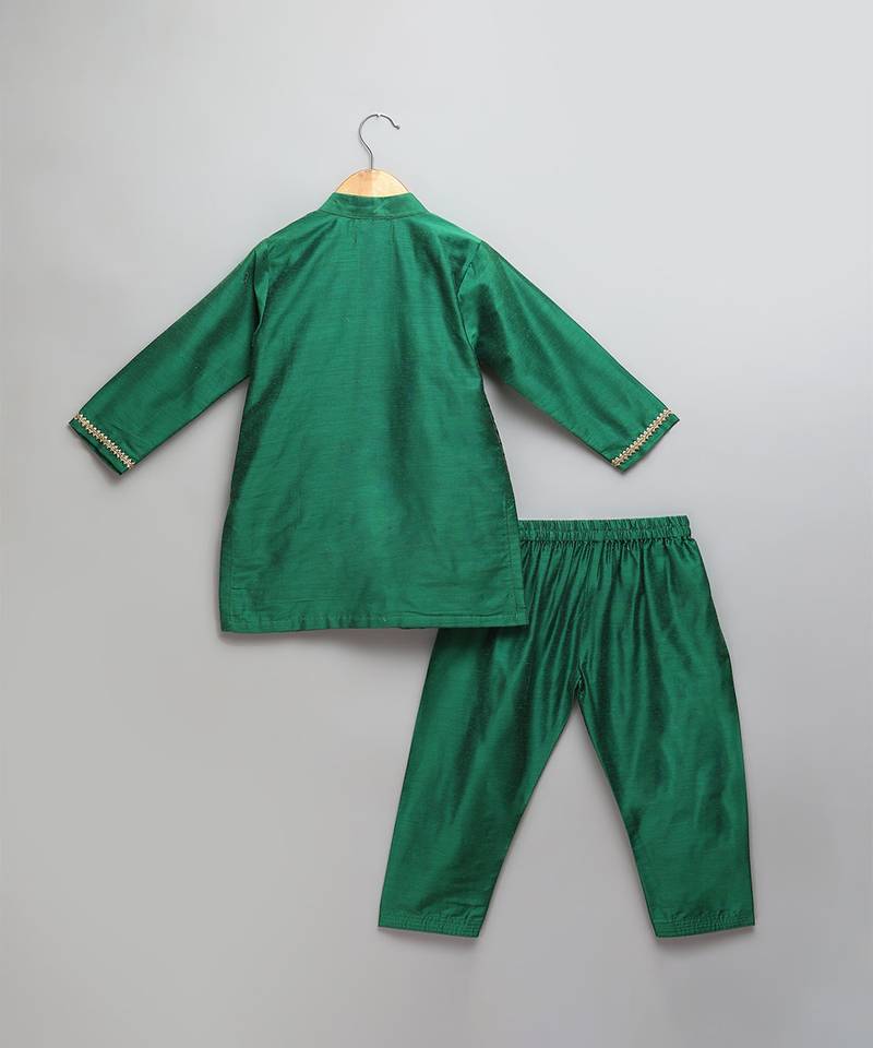 Green woven cotton silk kurta set