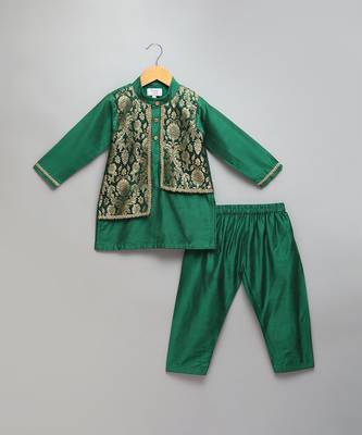 Green woven cotton silk kurta set 4